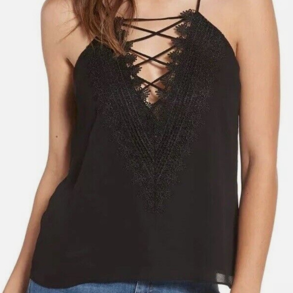 WAYF Posie Strappy Camisole Tank Top Lace Criss Cross Black Sleeveless Sz M